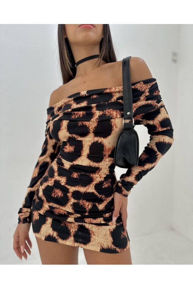 Kadın Madonna Mendil Yaka Leopar Desen Mini Elbise