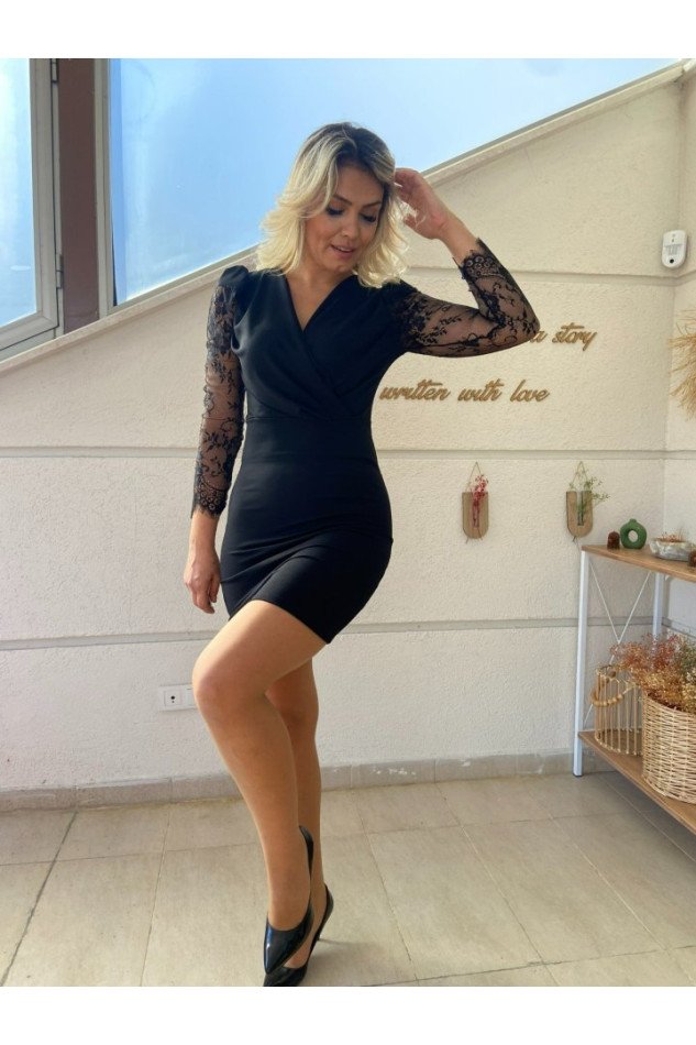 Kadın Uzun Kollu Kruvaze Yaka Kollar Tül Detay Krep Mini Boy Elbise