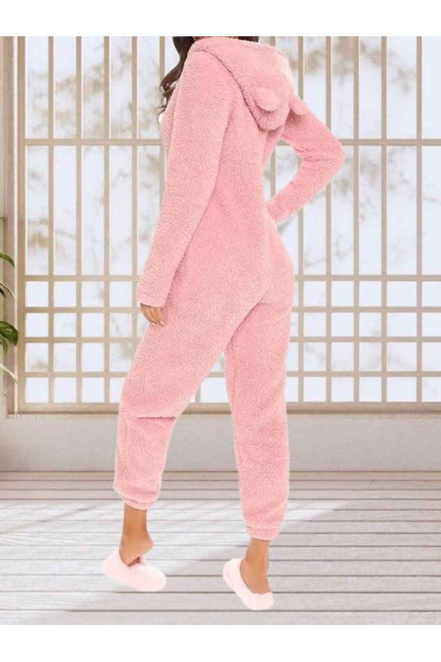 Kadın Uzun Kollu Kapüşonlu Tavşan Kulak Detaylı Peluş Tulum