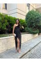 Kadın Uzun Kollu Yırtmaçlı önü Pile Detay Kadife Elbise