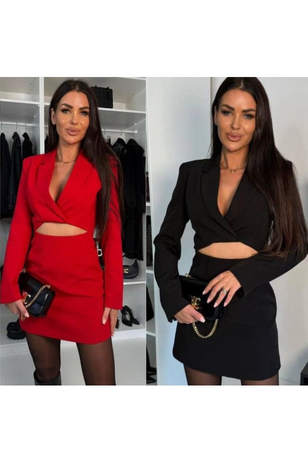 Kadın Atlas Kumaş Uzun Kollu V Yaka Blazer Kesim Göbek Dekolteli Mini Ceket Elbise