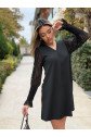 Kadın Uzun Kollu V Yakalı Kolları Tül Detay Kısa Krep Elbise