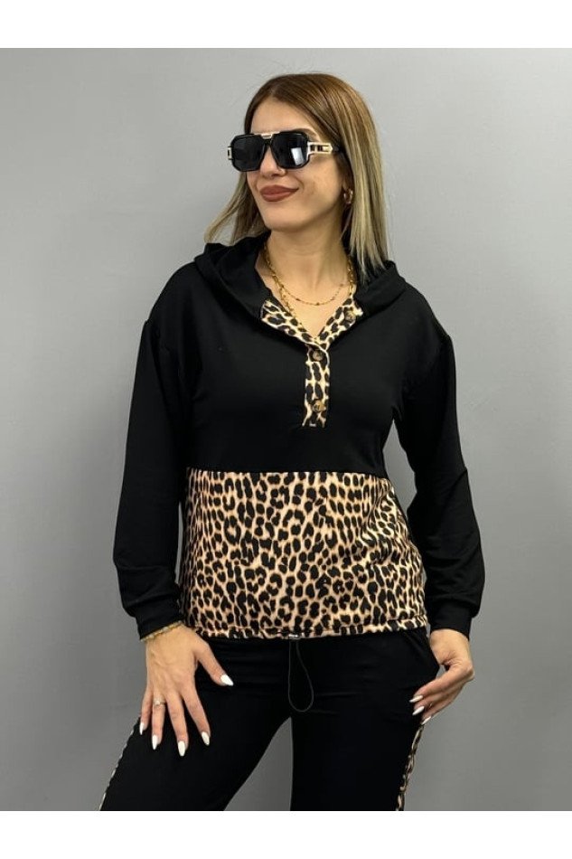 Kadın Uzun Kollu Leopar Detay Sweat Ve Yanı Leopar şerit Detay Pantolon Ikili Takım