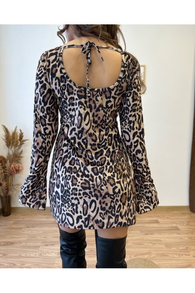 Kadın Uzun Kollu Kayık Yaka Leopar Baskılı Mini Elbise