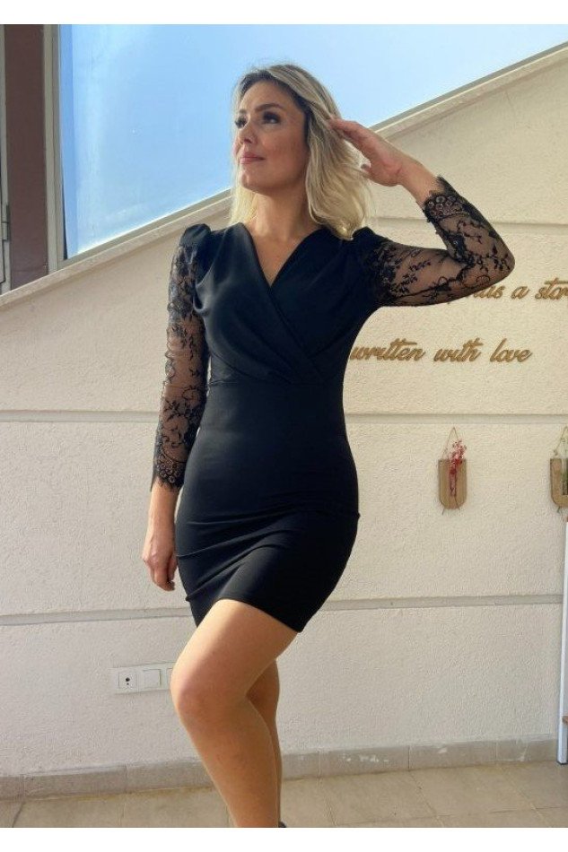 Kadın Uzun Kollu Kruvaze Yaka Kollar Tül Detay Krep Mini Boy Elbise