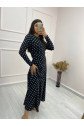 Kadın Krep Kumaş Uzun Kollu Tam Boy Puantiyeli Elbise 132 Cm