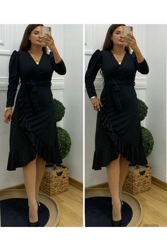 Krep Kumaş Midi Boy Kuşaklı Uzunkol Elbise 113 Cm