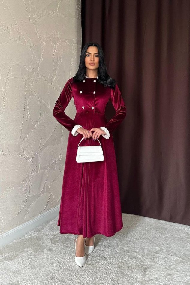 Bordo Yakası Taşlı Garnili Kadife Elbise
