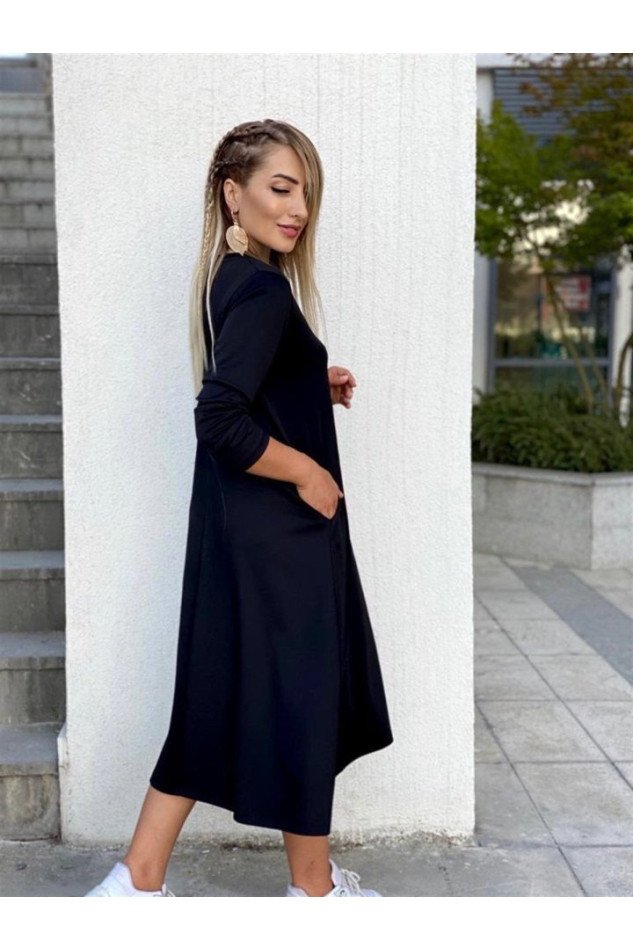 Kadın Uzun Kollu V Yakalı Yanlardan Yırtmaçlı Viskon Iki Iplik Midi Elbise