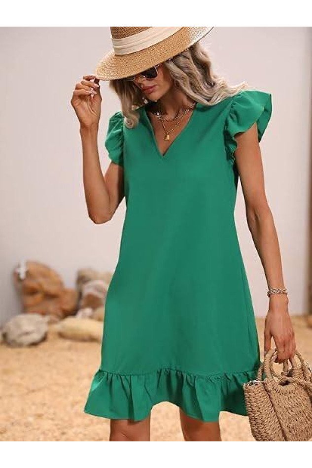 Kadın Balon Kollu Eteği Fırfırlı Pamuk-Polyester Kumaş Elbise
