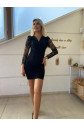 Kadın Uzun Kollu Kruvaze Yaka Kollar Tül Detay Krep Mini Boy Elbise
