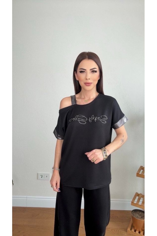Kadın Kristal Kumaş Omuz Dekolteli Siyah Takım