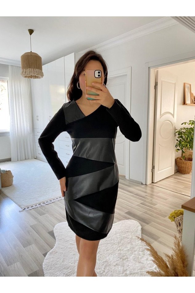 Kadın Uzun Kollu Asimetrik Yaka Süet Ve Deri Mini Boy Elbise