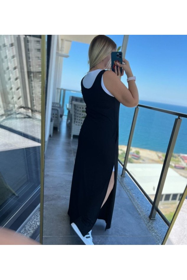 Kadın Yırtmaç Detaylı Viskon Kumaş Maxi Boy Cepli Iç Dahil Ikili Elbise