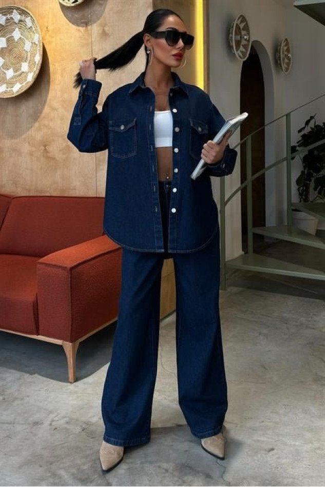 Gömlek Ve Palazzo Pantolon Klasik Denim Takım 10070