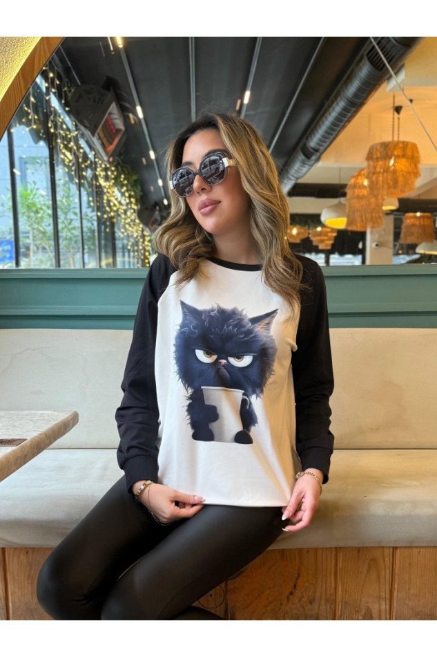 Kadın Uzun Kollu Bisiklet Yaka Kedi Baskılı şardonlu Dalgıç Bluz