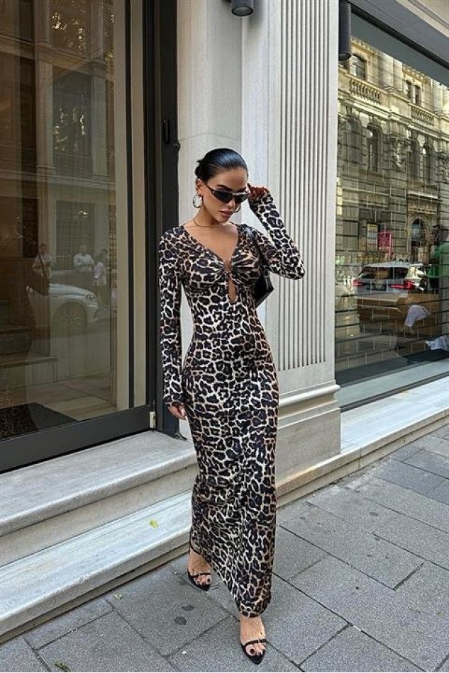 Halka Detaylı Leopar Desen Elbise 2823