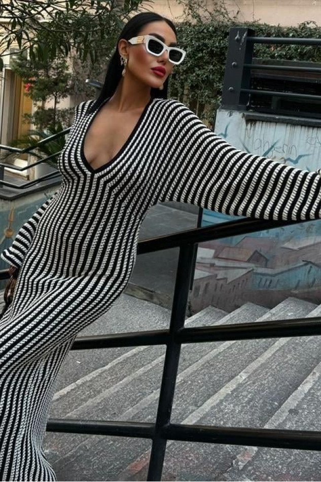 Balon Kollu V Yaka Ajurlu Elbise 2845