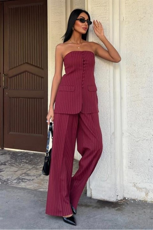Straplez Büstiyer Ve Palazzo Pantolon Çizgili Takım 10005