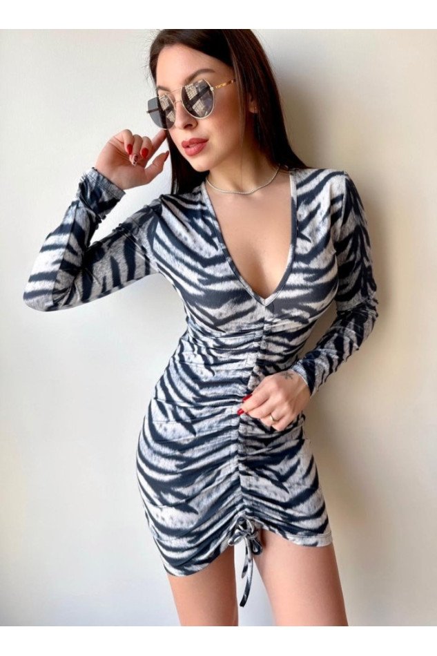 Kadın V Yaka önü Asansör Büzgü Detay Fırsat ürün Zebra Mini Elbise