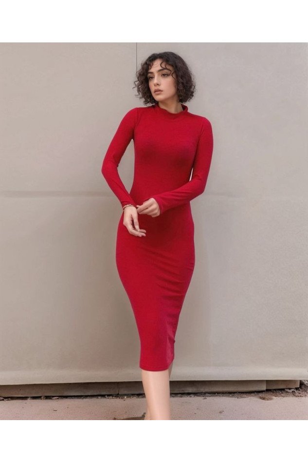 Kadın Yarım Balıkçı Yaka Süet Kumaş Fırsat ürün Midi Boy Elbise