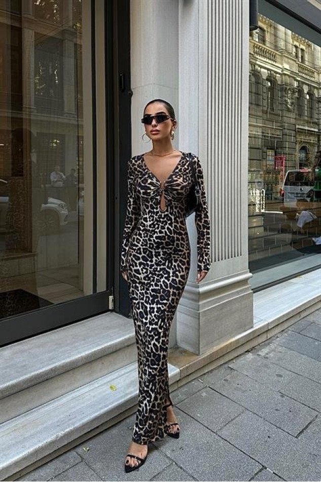 Halka Detaylı Leopar Desen Elbise 2823