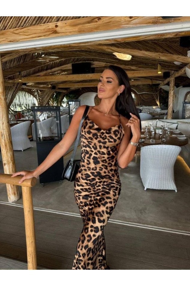 Kadın Saten Kumaş Leopar Desenli Uzun Askılı Elbise