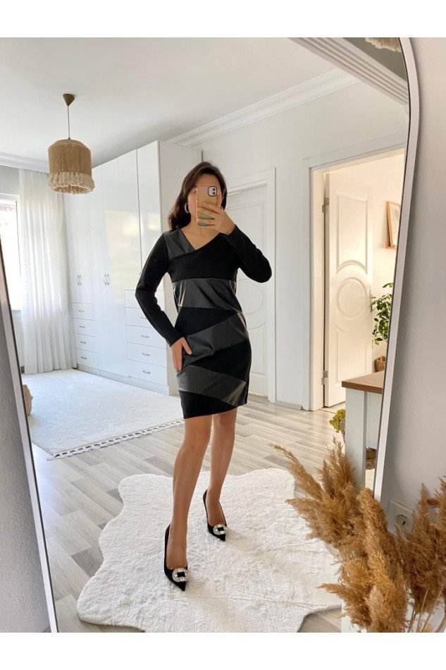 Kadın Uzun Kollu Asimetrik Yaka Süet Ve Deri Mini Boy Elbise