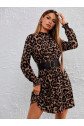 Kadın Uzun Kollu Yarı Balıkçı Yaka Leopar Desenli Kadife Elbise