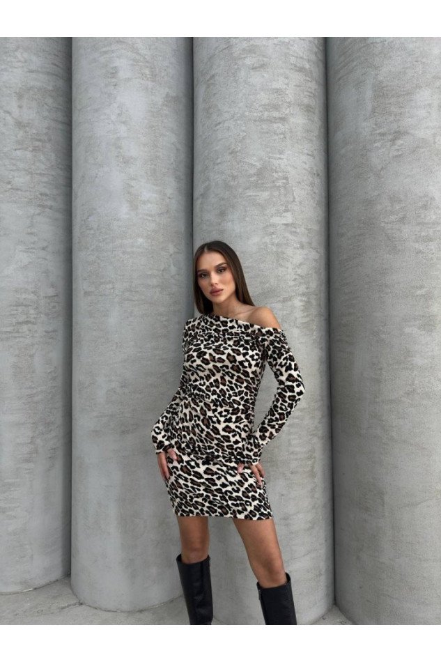 Kadın Uzun Kollu Leopar Desen Omuz Dekolteli Mini Elbise