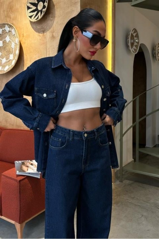 Gömlek Ve Palazzo Pantolon Klasik Denim Takım 10070