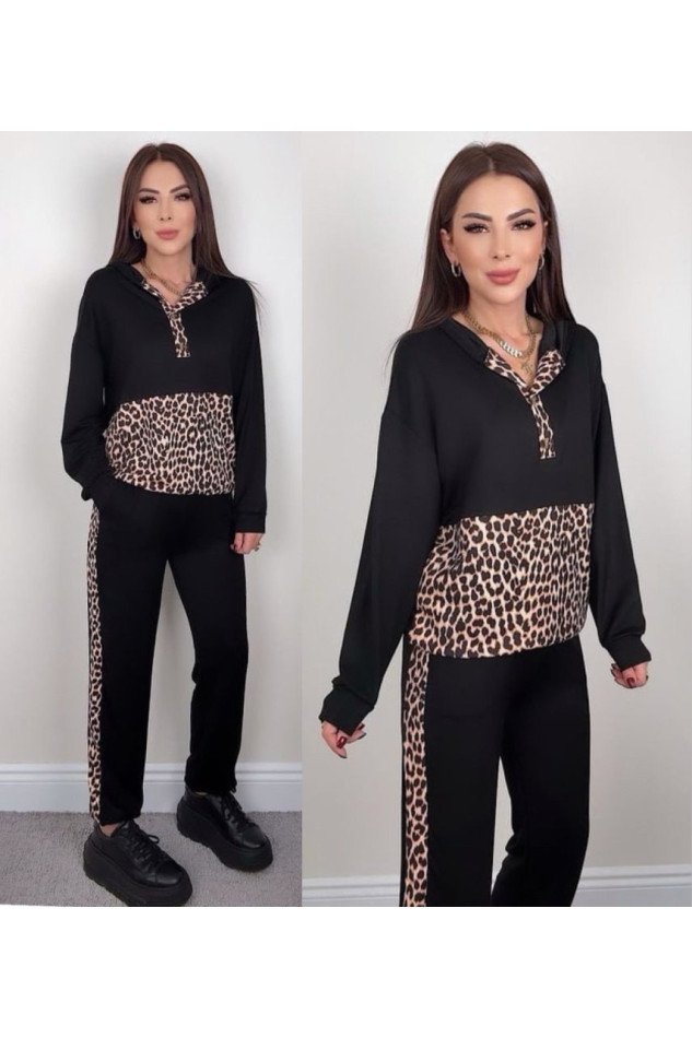 Kadın Uzun Kollu Leopar Detay Sweat Ve Yanı Leopar şerit Detay Pantolon Ikili Takım