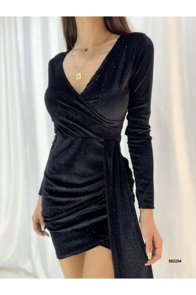 Kadın Kadife Kumaş V Yaka Belde Kuşak Detaylı Simli Mini Boy Elbise