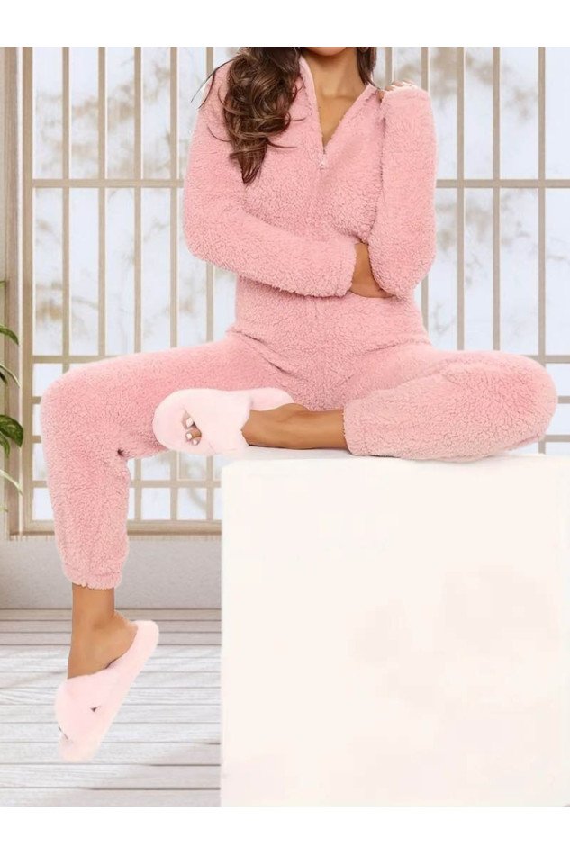 Kadın Uzun Kollu Kapüşonlu Tavşan Kulak Detaylı Peluş Tulum