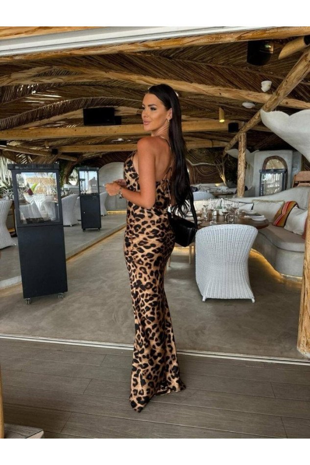 Kadın Saten Kumaş Leopar Desenli Uzun Askılı Elbise
