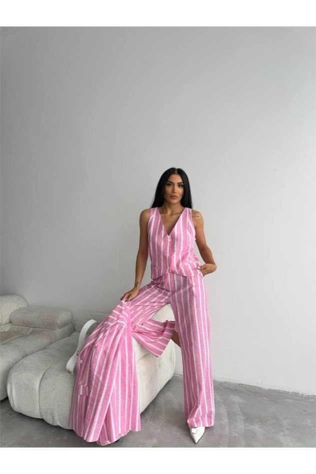 ÇİZGİLİ KETEN YELEK-PANTOLON TAKIM - Pembe