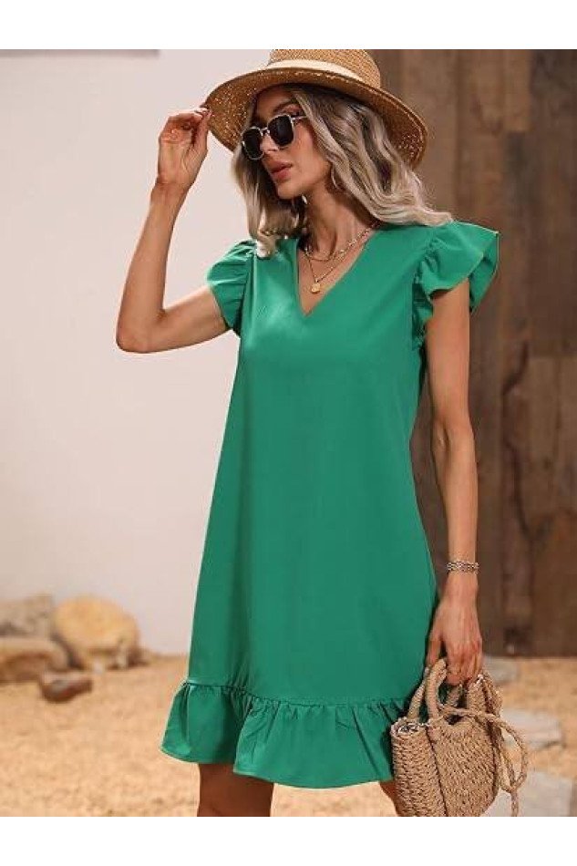 Kadın Balon Kollu Eteği Fırfırlı Pamuk-Polyester Kumaş Elbise