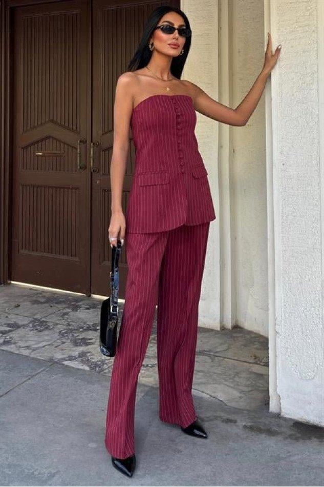 Straplez Büstiyer Ve Palazzo Pantolon Çizgili Takım 10005