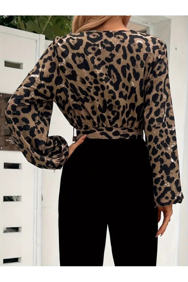 Kadın Uzun Kollu Kruvaze Yakalı Leopar Desenli Belden Kuşaklı üst Dalgıç Alt Krep Tulum