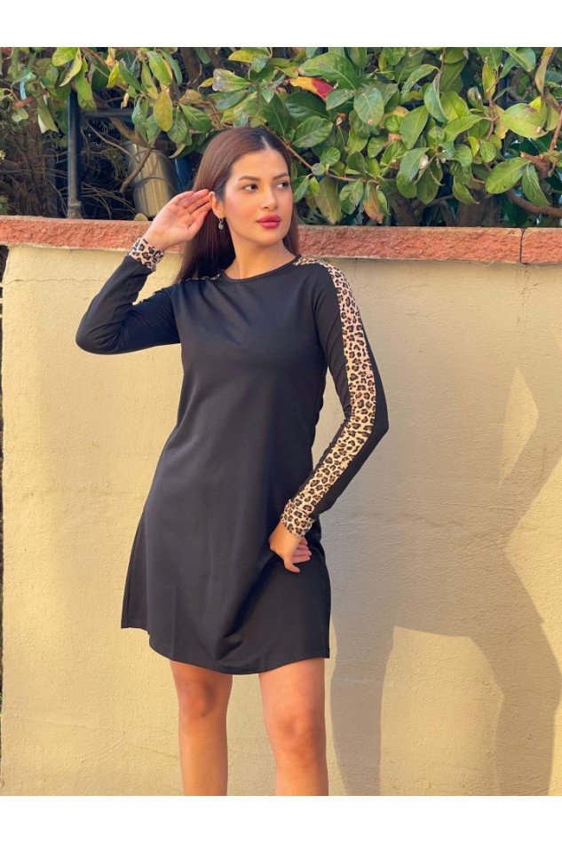 Kadın Uzun Kollu Bisiklet Yaka Kollar Leopar Detay Iki Iplik Mini Boy Elbise