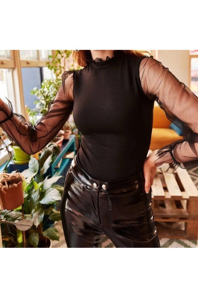 Kadın örme Krep Kumaş Kolları Dantelli Bluz