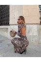 Kadın Balıkçı Yaka Sırt Dekolteli Leopar Desen Maxi Boy Elbise