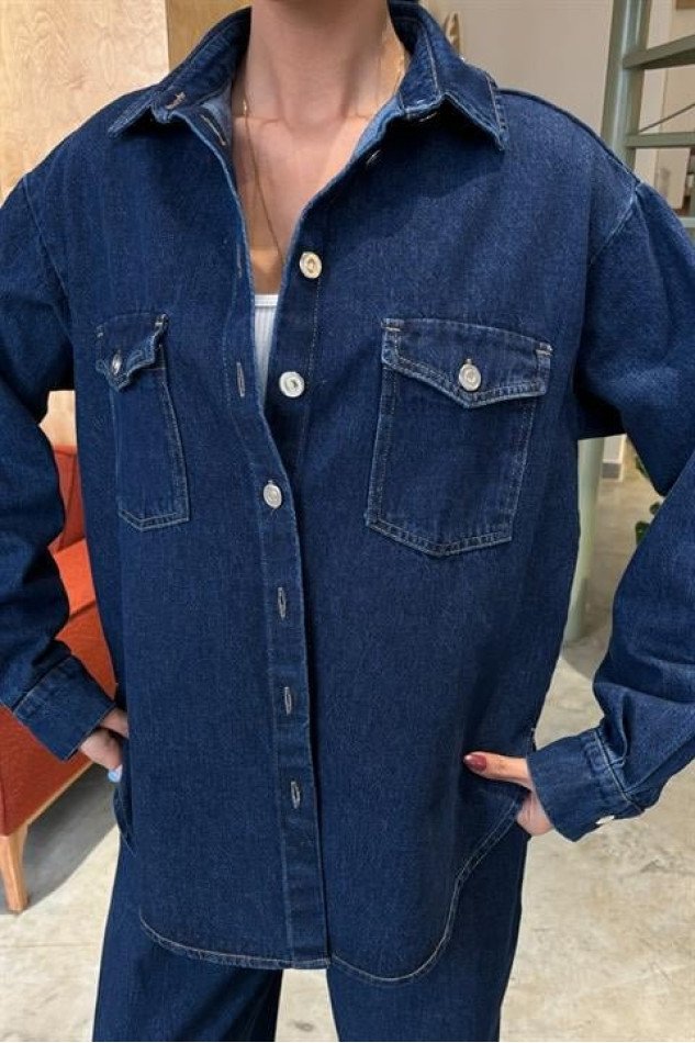 Gömlek Ve Palazzo Pantolon Klasik Denim Takım 10070