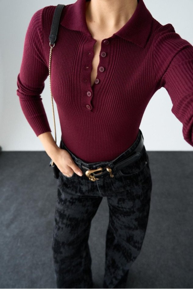 Polo Yaka 6 Düğmeli Kazak - Bordo