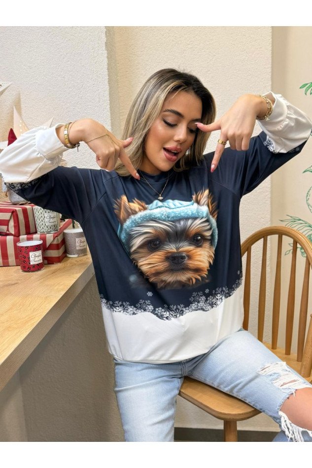Kadın Uzun Kollu Bisiklet Yaka Köpek Baskılı şardonlu Dalgıç Bluz