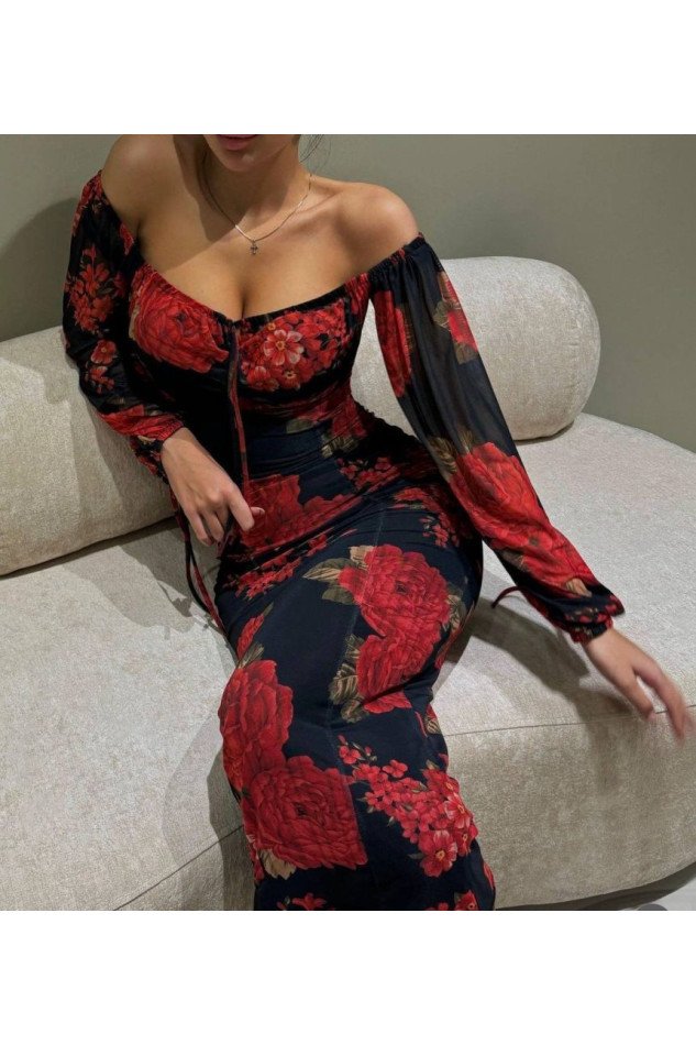 Kadın Balon Kol çiçek Desenli Maxi Boy Straplez Elbise