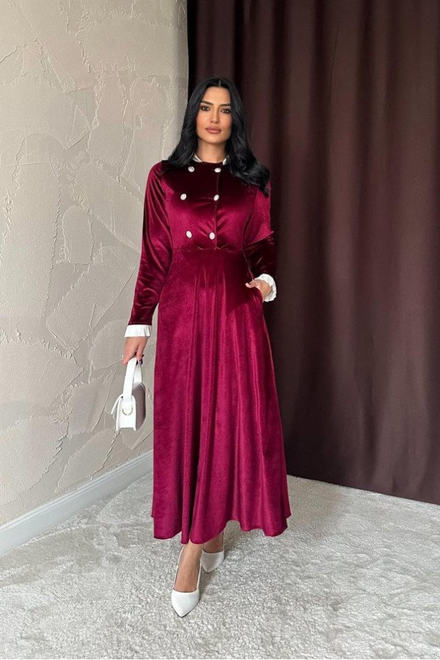 Bordo Yakası Taşlı Garnili Kadife Elbise