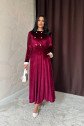 Bordo Yakası Taşlı Garnili Kadife Elbise