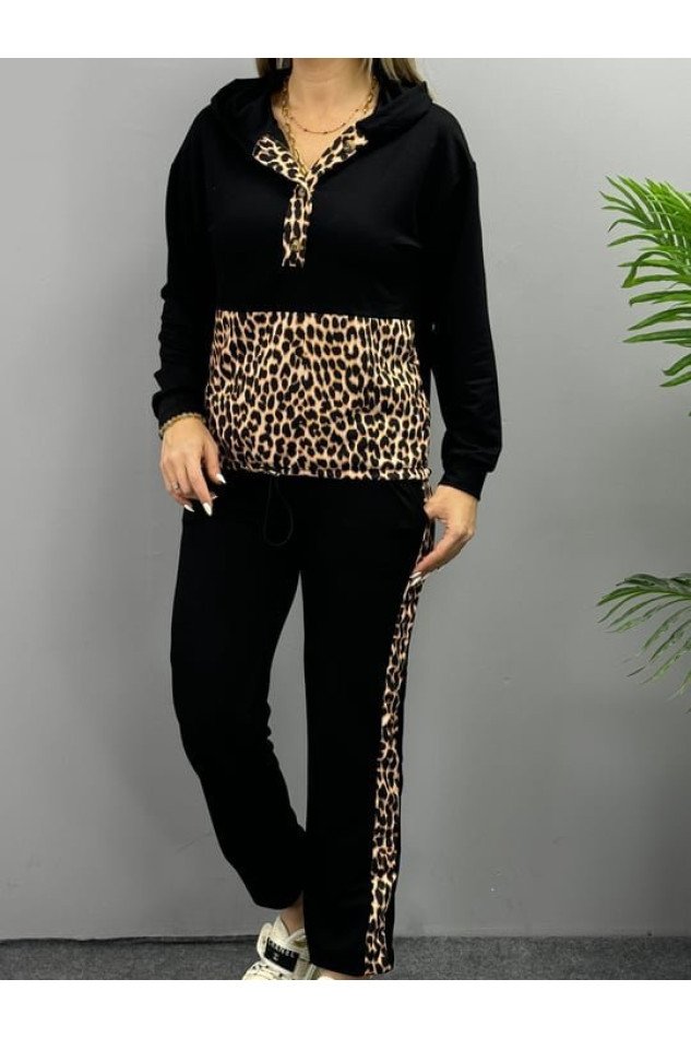 Kadın Uzun Kollu Leopar Detay Sweat Ve Yanı Leopar şerit Detay Pantolon Ikili Takım