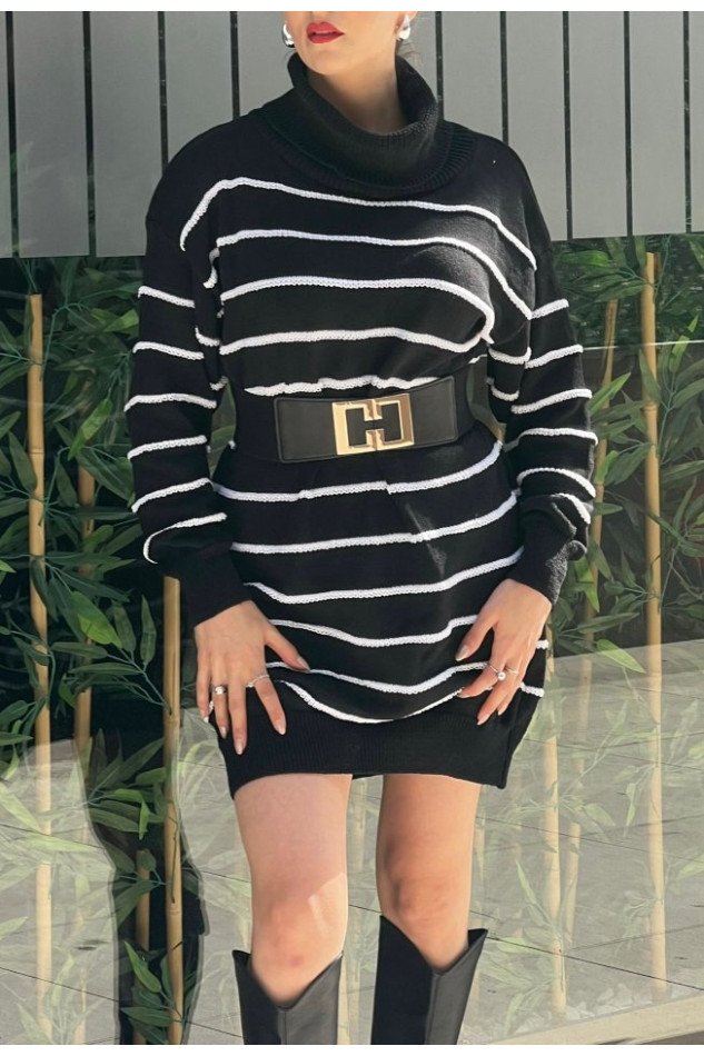 Kadın Uzun Kollu Degaje Yaka çizgili Sonya Iplik Mini Boy Triko Elbise (kemersiz)